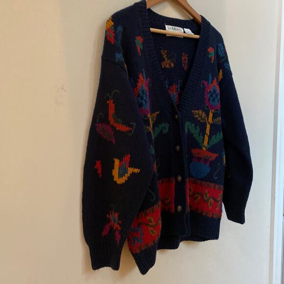 Le Moda Knitwear Womens Sweater Cardigan Knitted by Hand Floral Navy Size Large - Picture 3 of 6